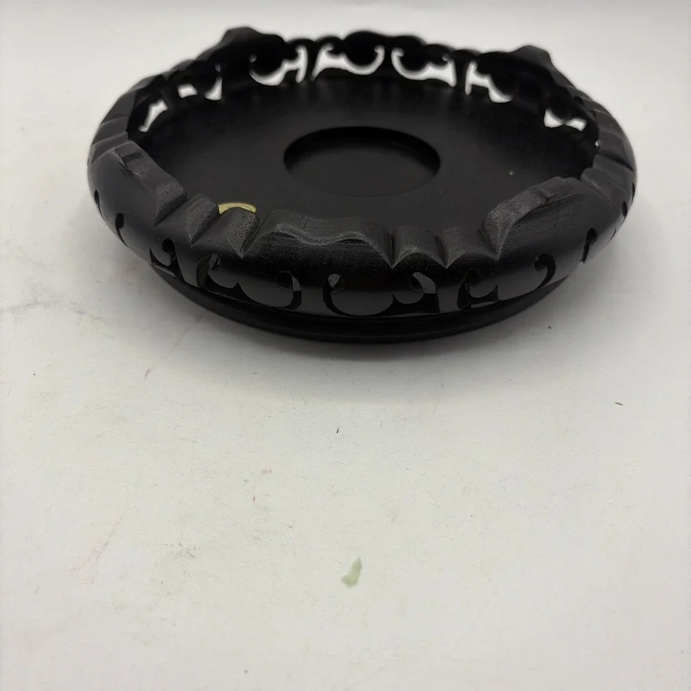 Vintage Hong Kong Black Carved Wood Pedestal Stand Display Base Bowl Vase